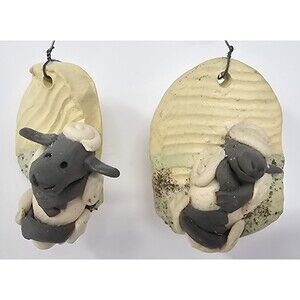 Vintage Handmade Pottery Art  Sheep Wall Ornament By Claire Barr Wilson Pair